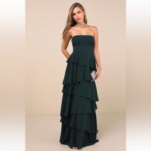 Lulu's Dark Green Strapless Tiered Maxi Dress